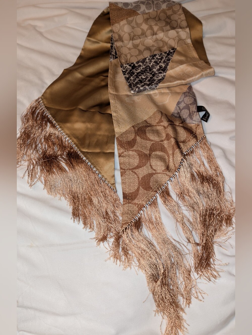 Coach Silk Scarf Signature Pattern Fringed 72" X 8" Gold Multi NWOT